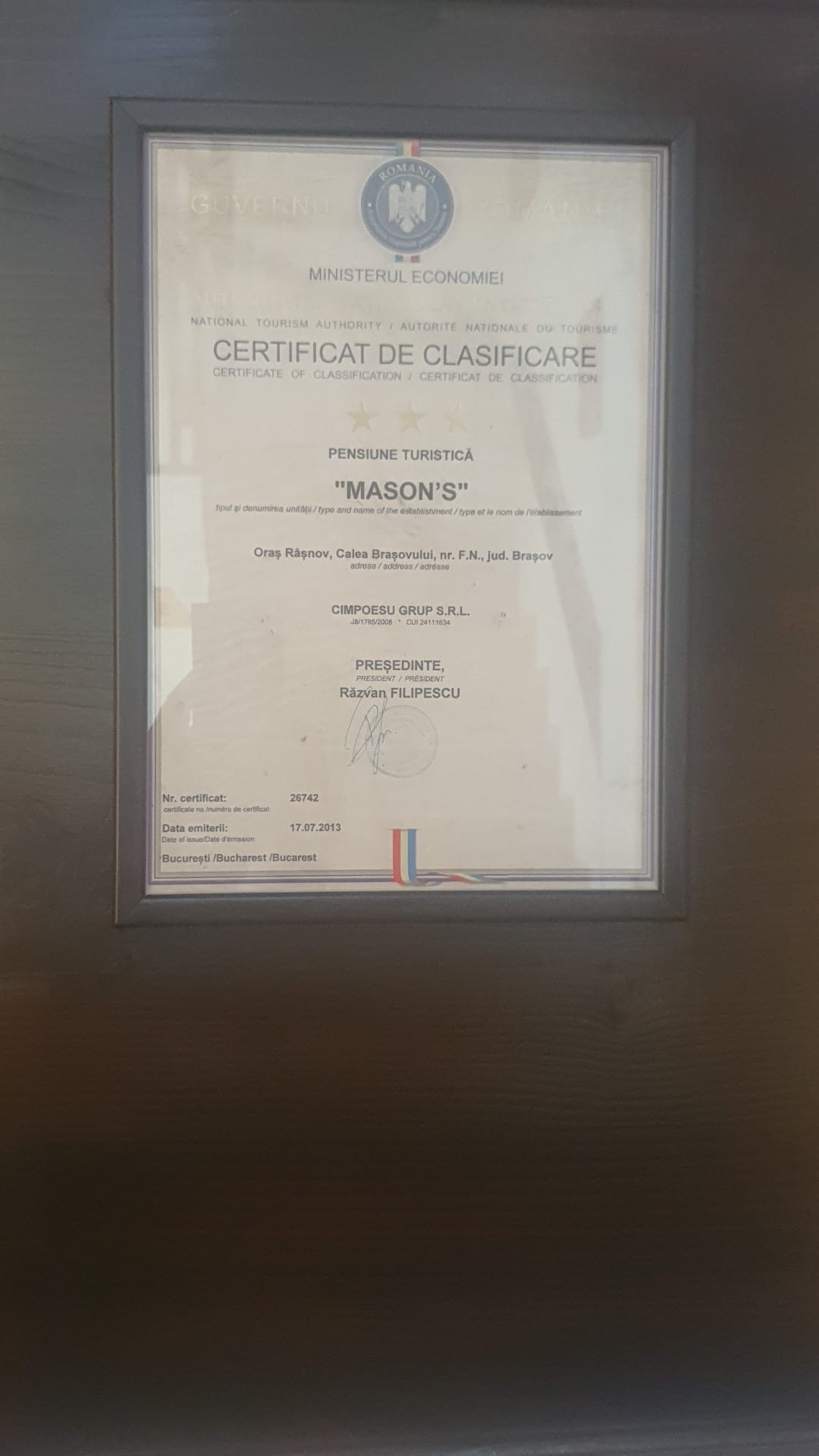 Certificare Pensiunea Mason